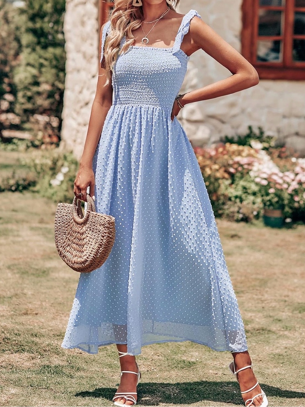 Smocked Light Blue Ribbon Tie Dress, A Line Size S